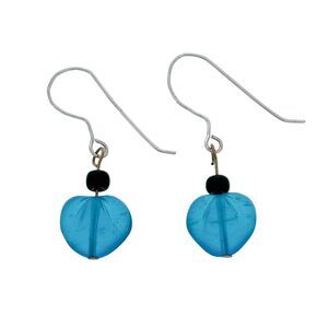 Vintage Silver Tone Blue Sea Glass Heart Dangle Earrings